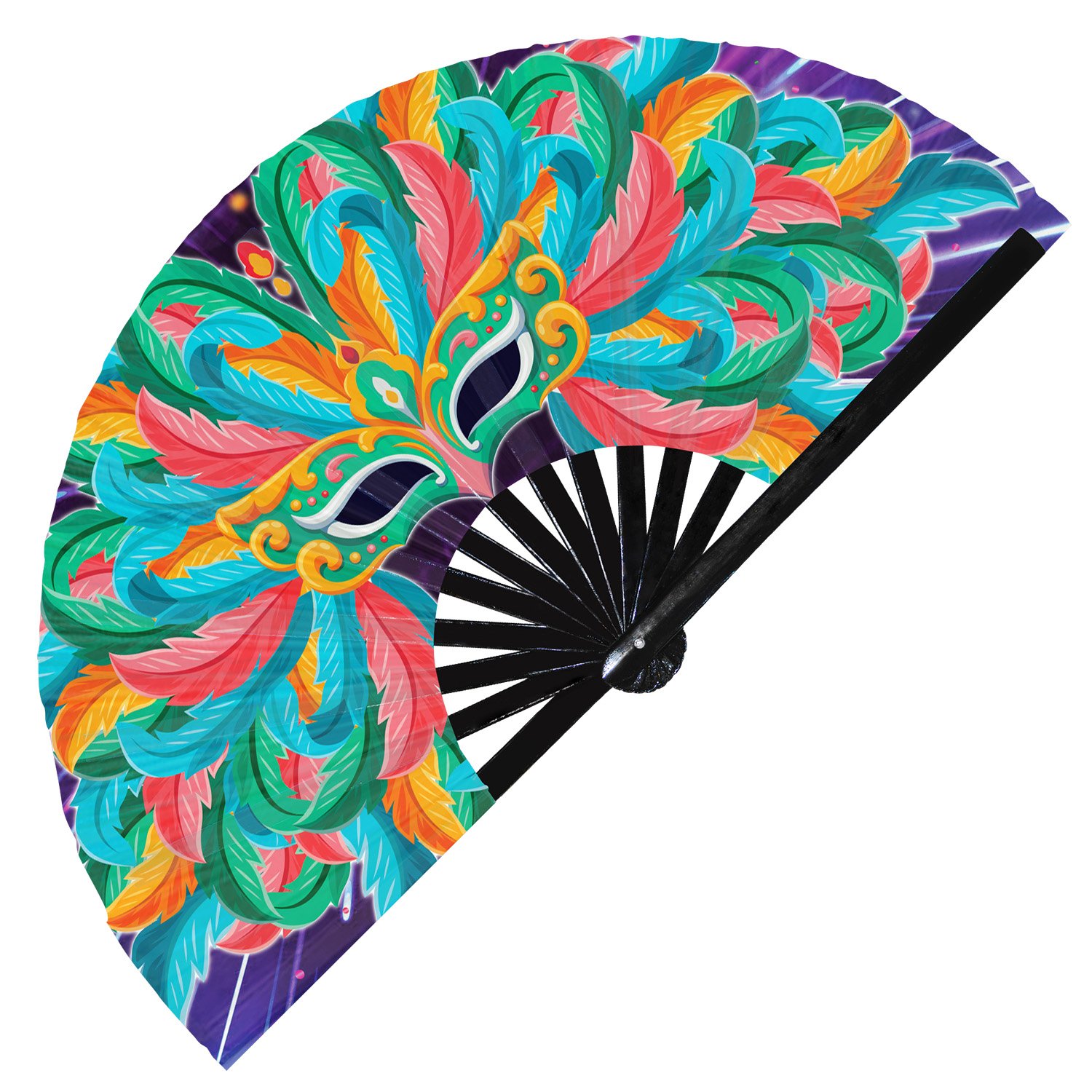 Colorful Mardi Gras Festive Carnival Mask - Clack Folding Rave & Festival Hand Fan - Image 7