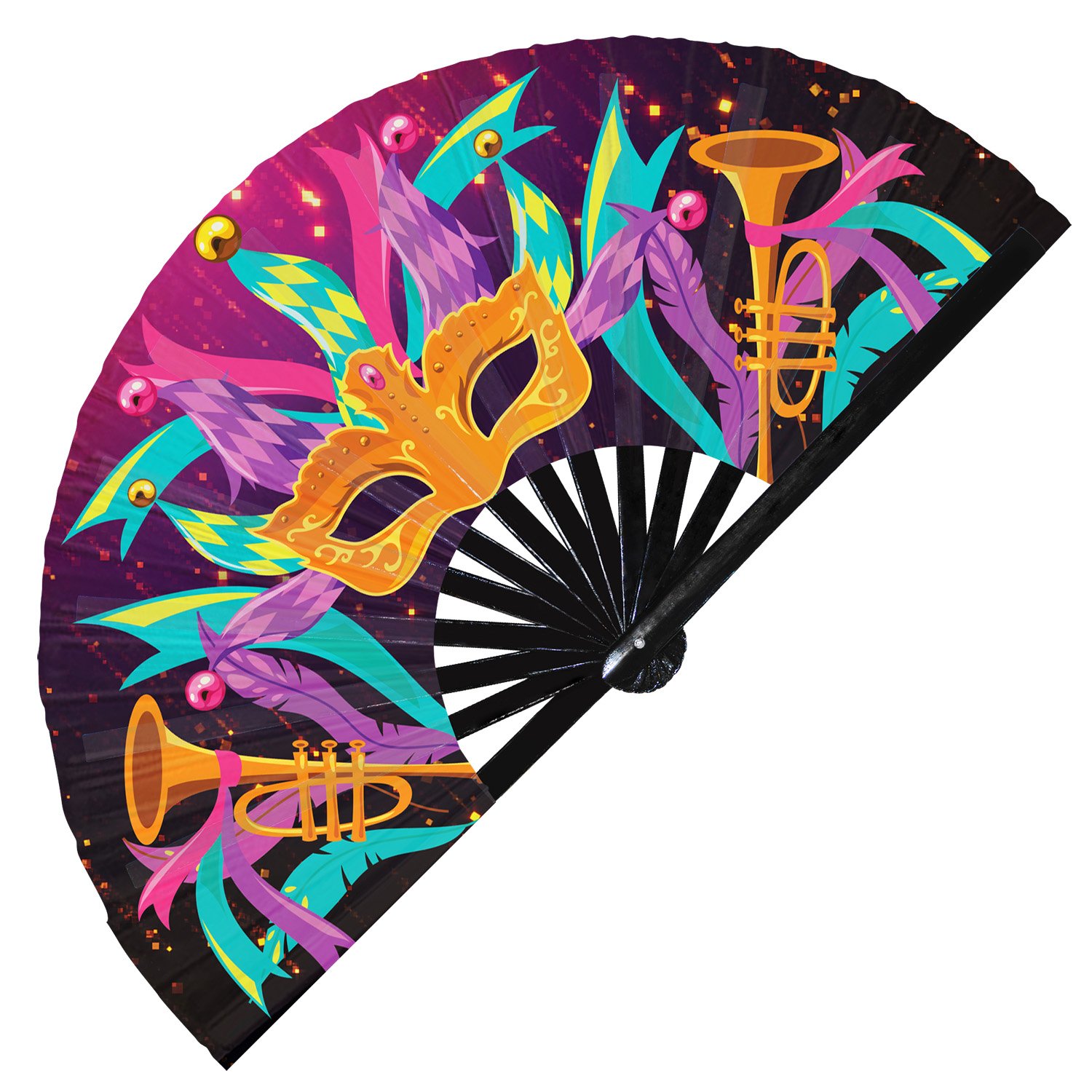 Colorful Mardi Gras Festive Carnival Mask - Clack Folding Rave & Festival Hand Fan - Image 8