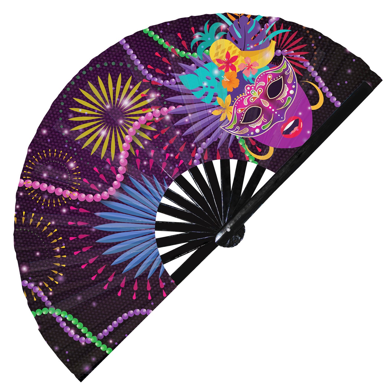 Colorful Mardi Gras Festive Carnival Mask - Clack Folding Rave & Festival Hand Fan - Image 9