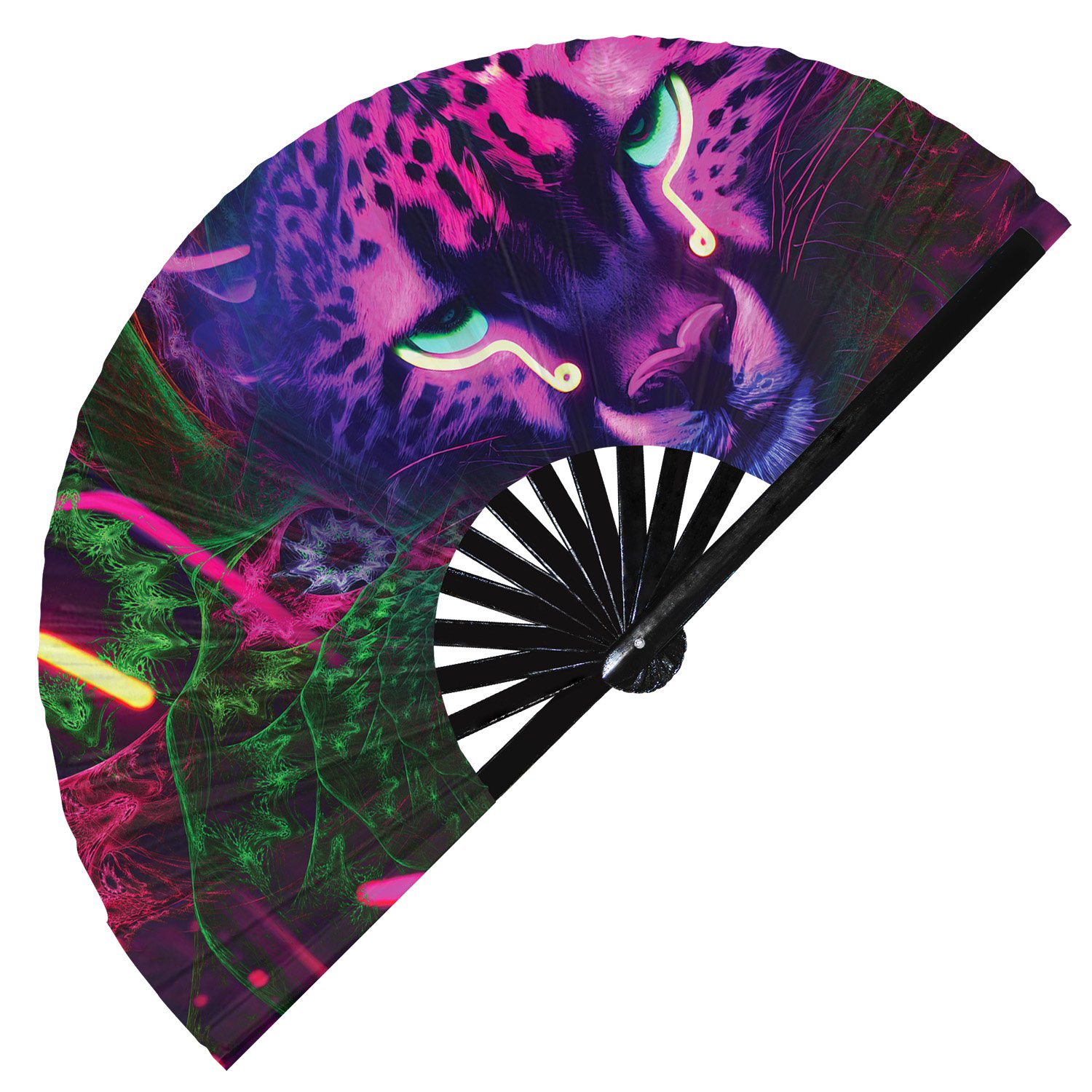 Neon Trippy Cheetah Psychedelic Rainbow Leopard - Clack Folding Rave & Festival Hand Fan - Image 6