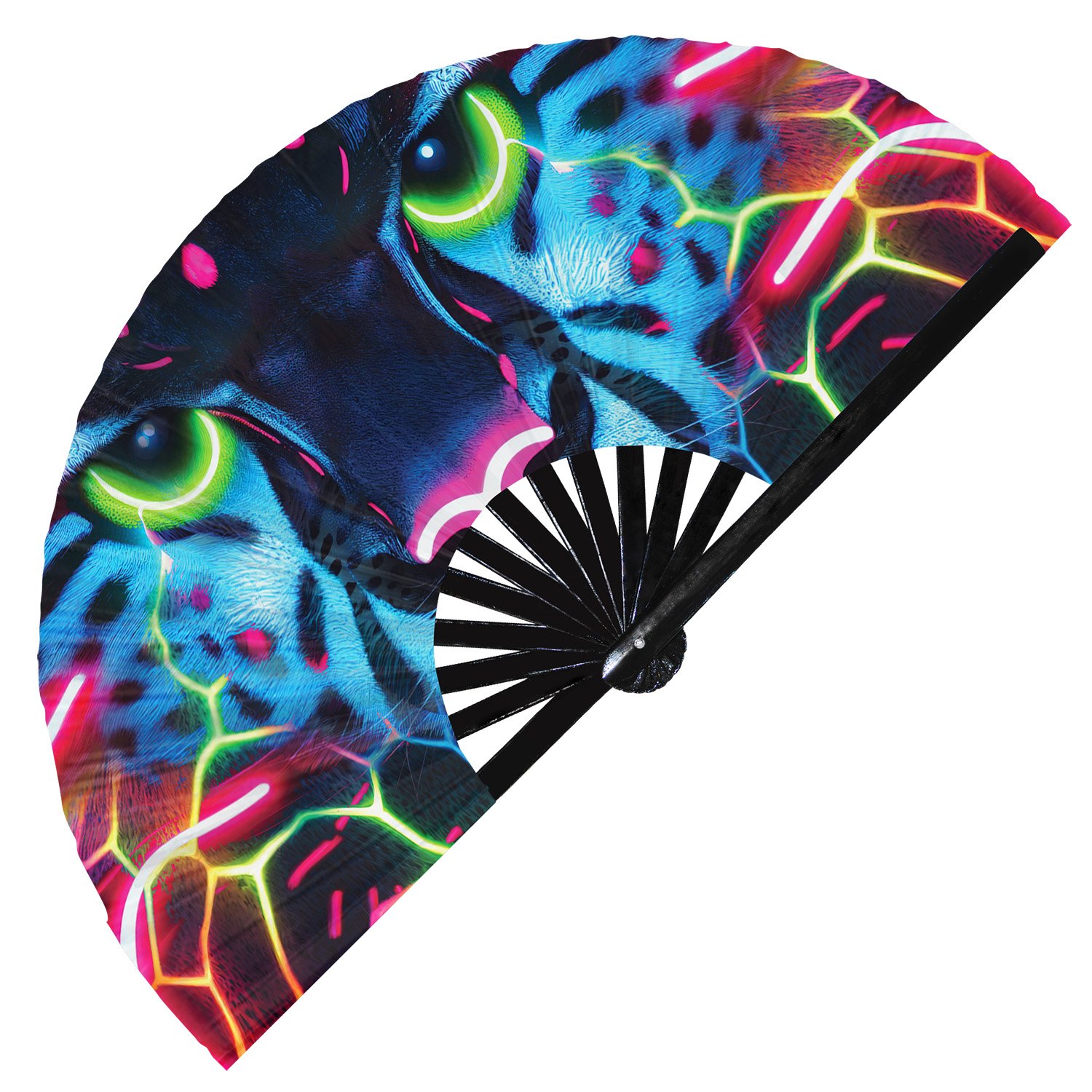Neon Trippy Cheetah Psychedelic Rainbow Leopard - Clack Folding Rave & Festival Hand Fan - Image 7