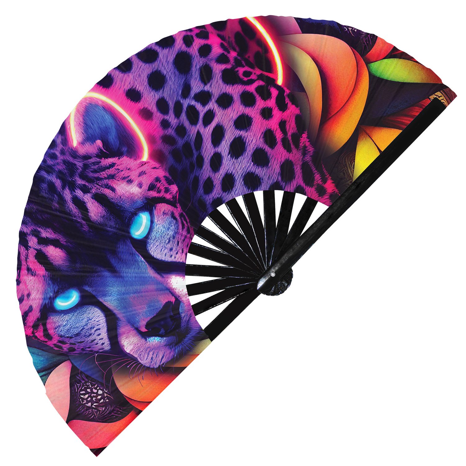 Neon Trippy Cheetah Psychedelic Rainbow Leopard - Clack Folding Rave & Festival Hand Fan - Image 8