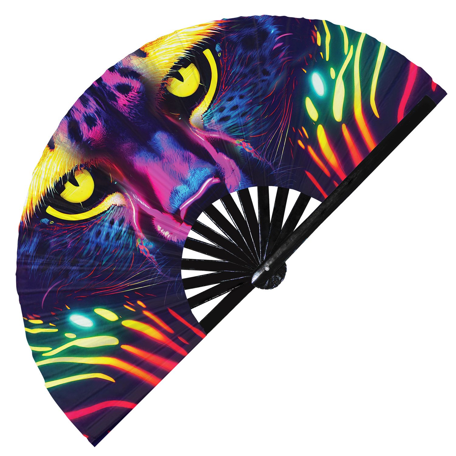 Neon Trippy Cheetah Psychedelic Rainbow Leopard - Clack Folding Rave & Festival Hand Fan - Image 10
