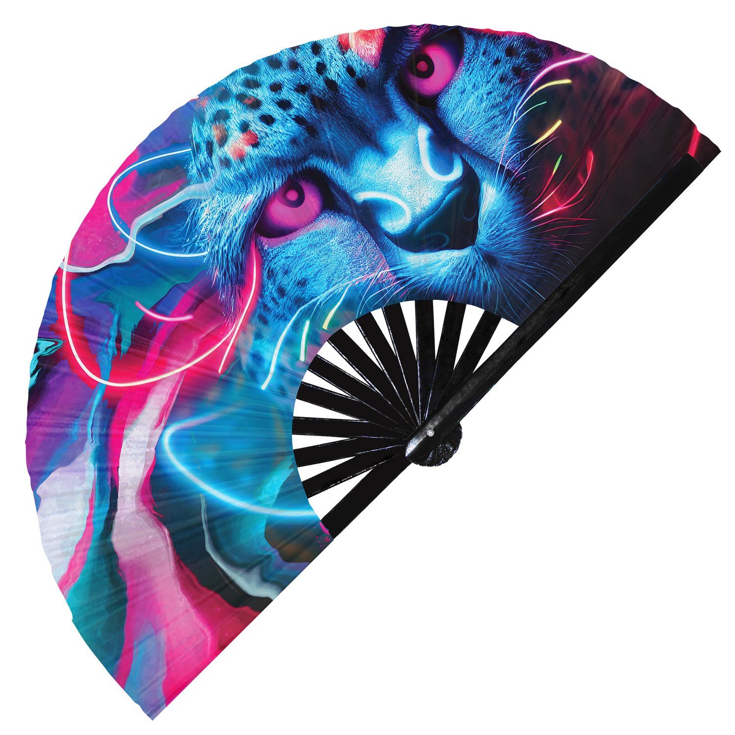 Neon Trippy Cheetah Psychedelic Rainbow Leopard - Clack Folding Rave & Festival Hand Fan - Image 11