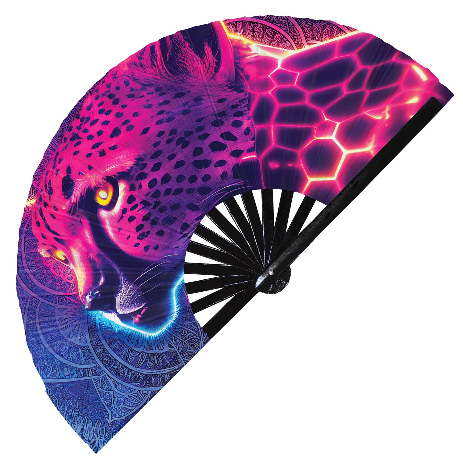 Neon Trippy Cheetah Psychedelic Rainbow Leopard - Clack Folding Rave & Festival Hand Fan - Image 2