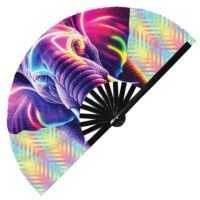 Neon Trippy Elephant Psychedelic Rainbow - Clack Folding Rave & Festival Hand Fan