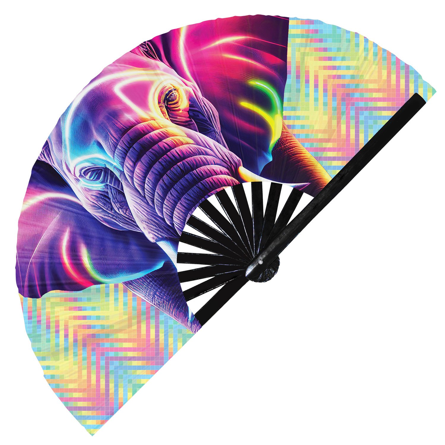 Neon Trippy Elephant Psychedelic Rainbow - Clack Folding Rave & Festival Hand Fan