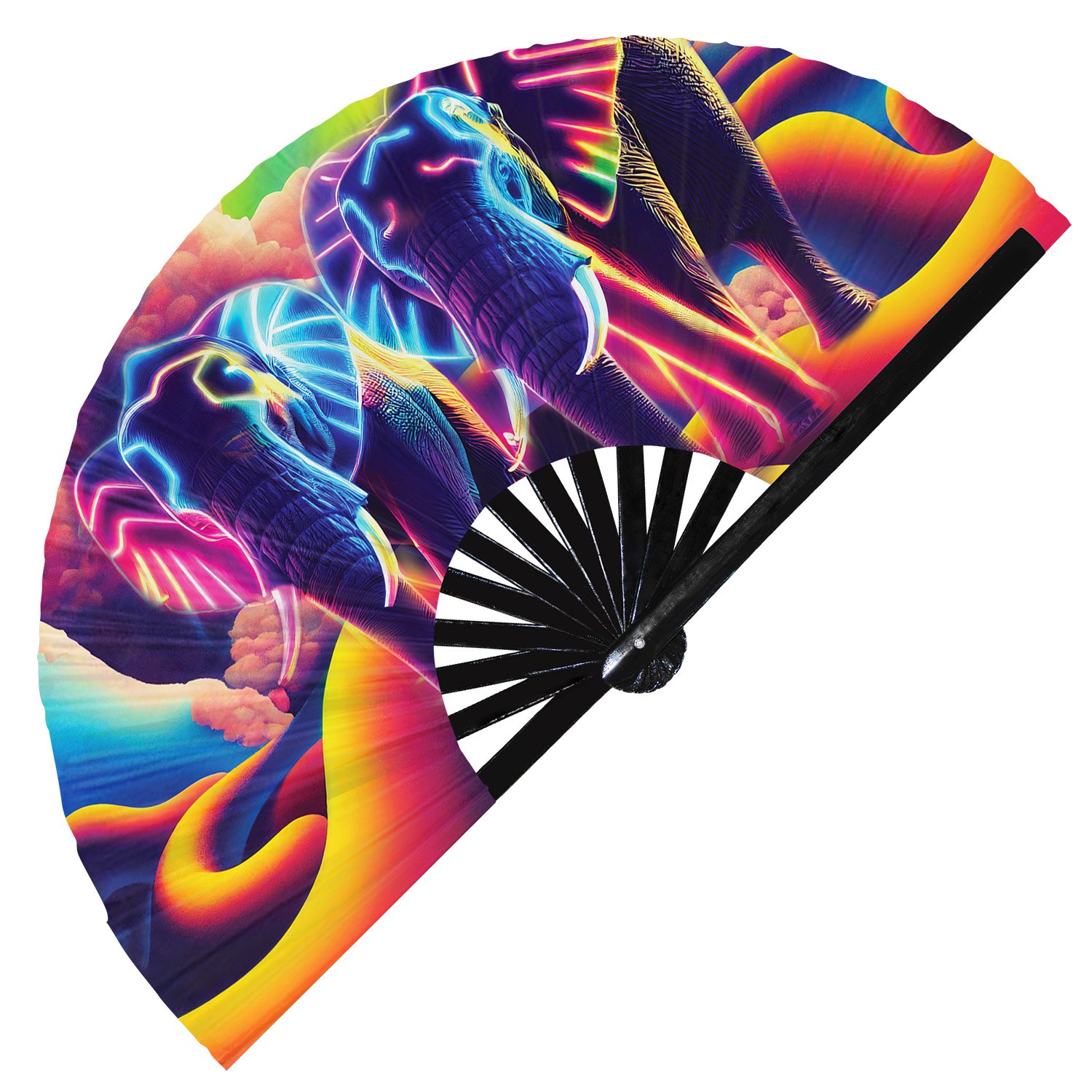 Neon Trippy Elephant Psychedelic Rainbow - Clack Folding Rave & Festival Hand Fan - Image 5