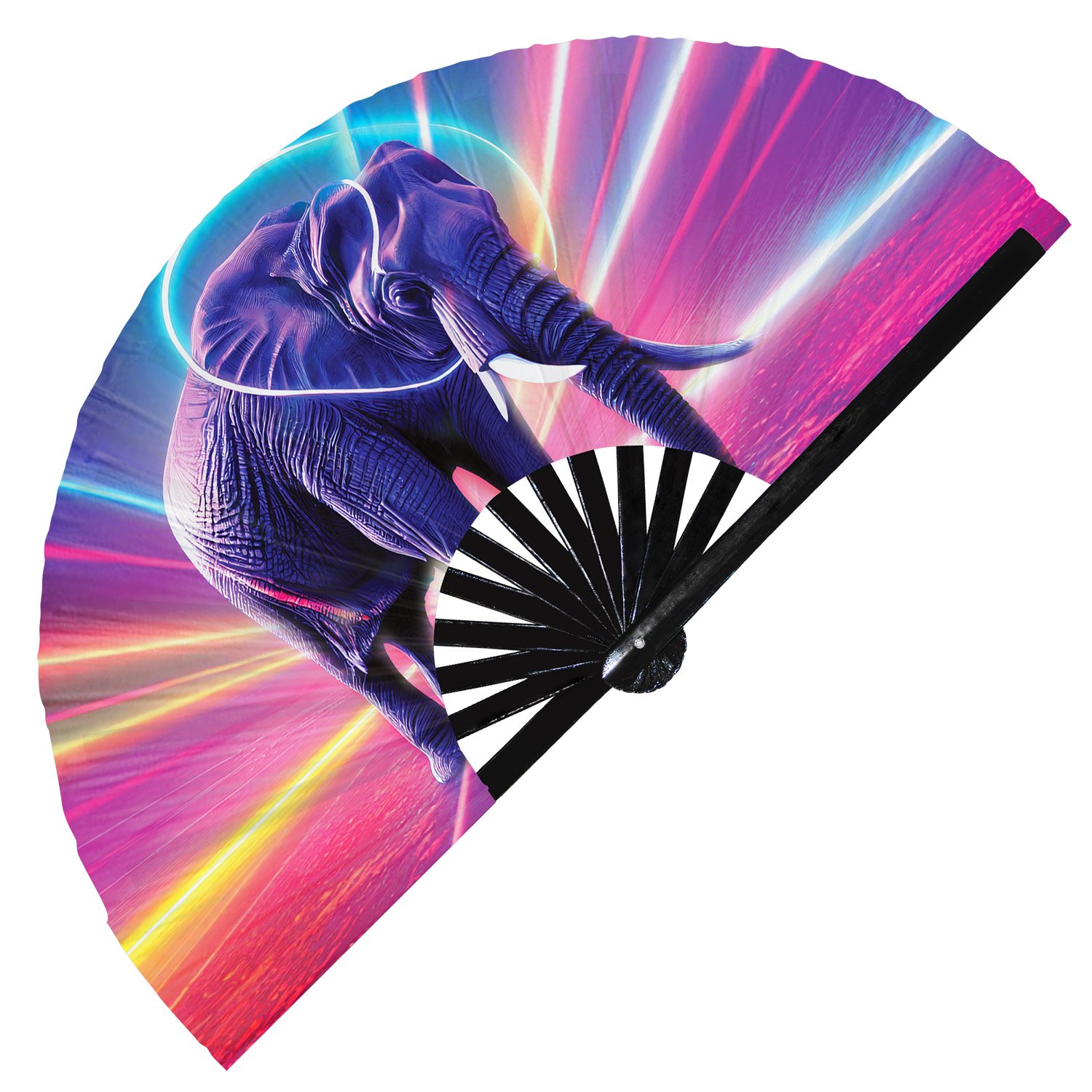 Neon Trippy Elephant Psychedelic Rainbow - Clack Folding Rave & Festival Hand Fan - Image 6