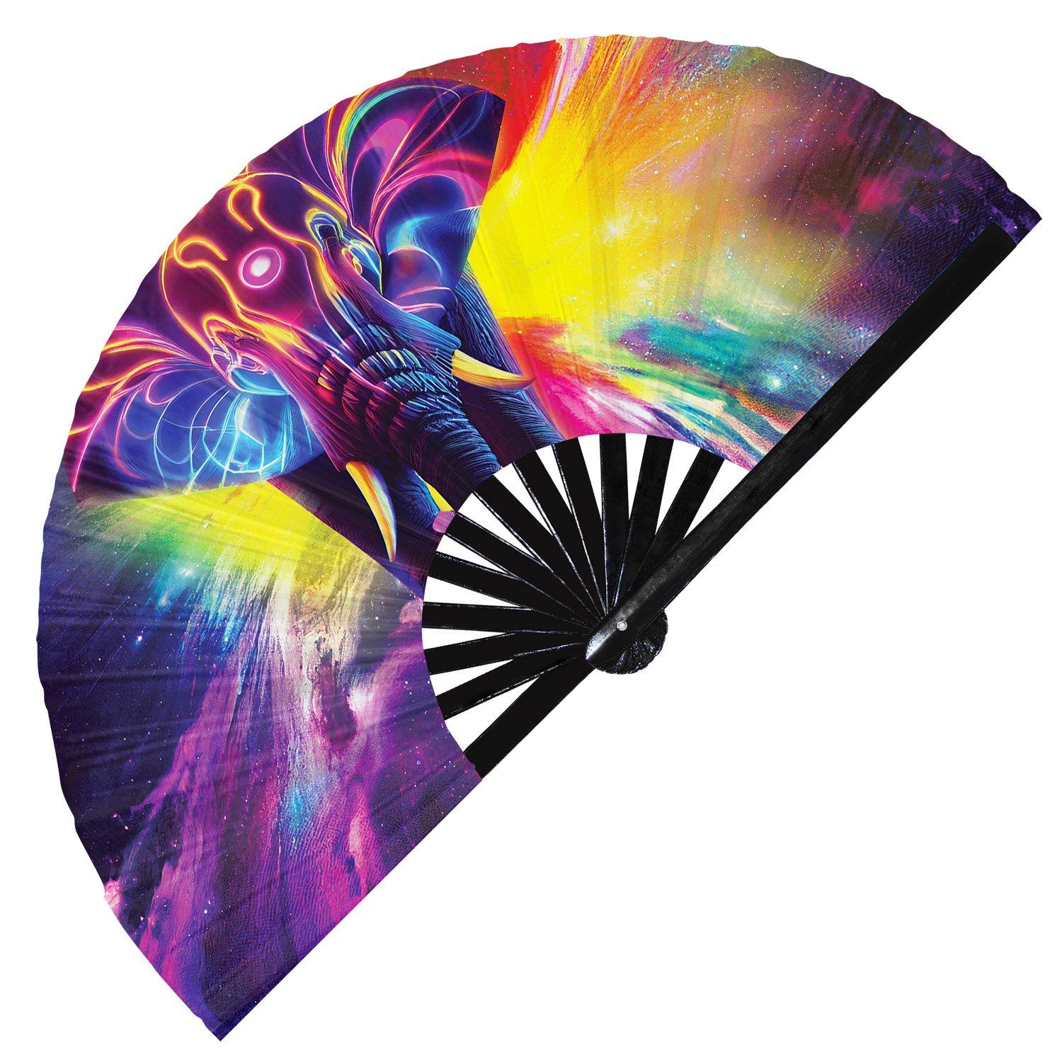 Neon Trippy Elephant Psychedelic Rainbow - Clack Folding Rave & Festival Hand Fan - Image 7