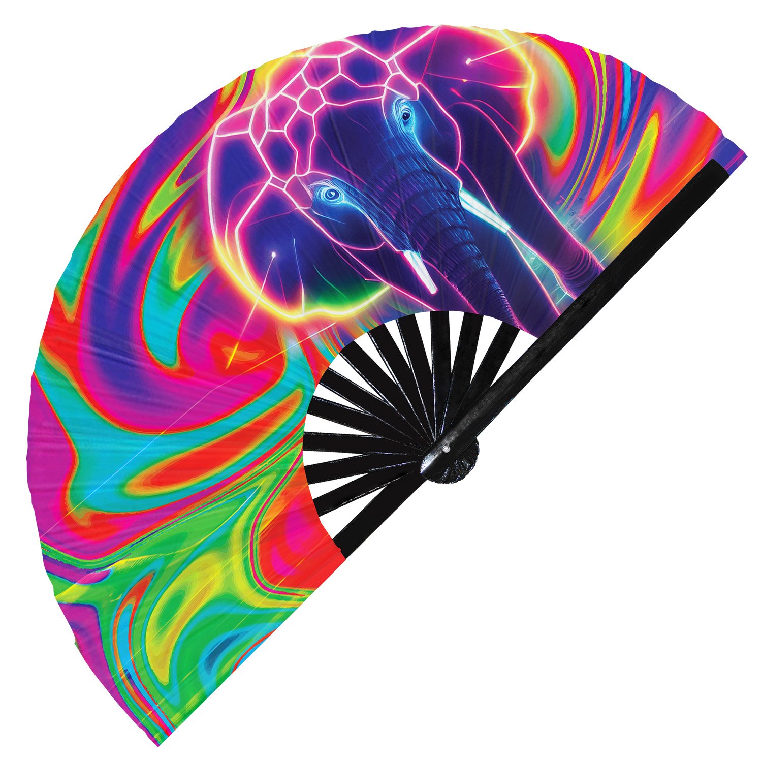 Neon Trippy Elephant Psychedelic Rainbow - Clack Folding Rave & Festival Hand Fan - Image 8