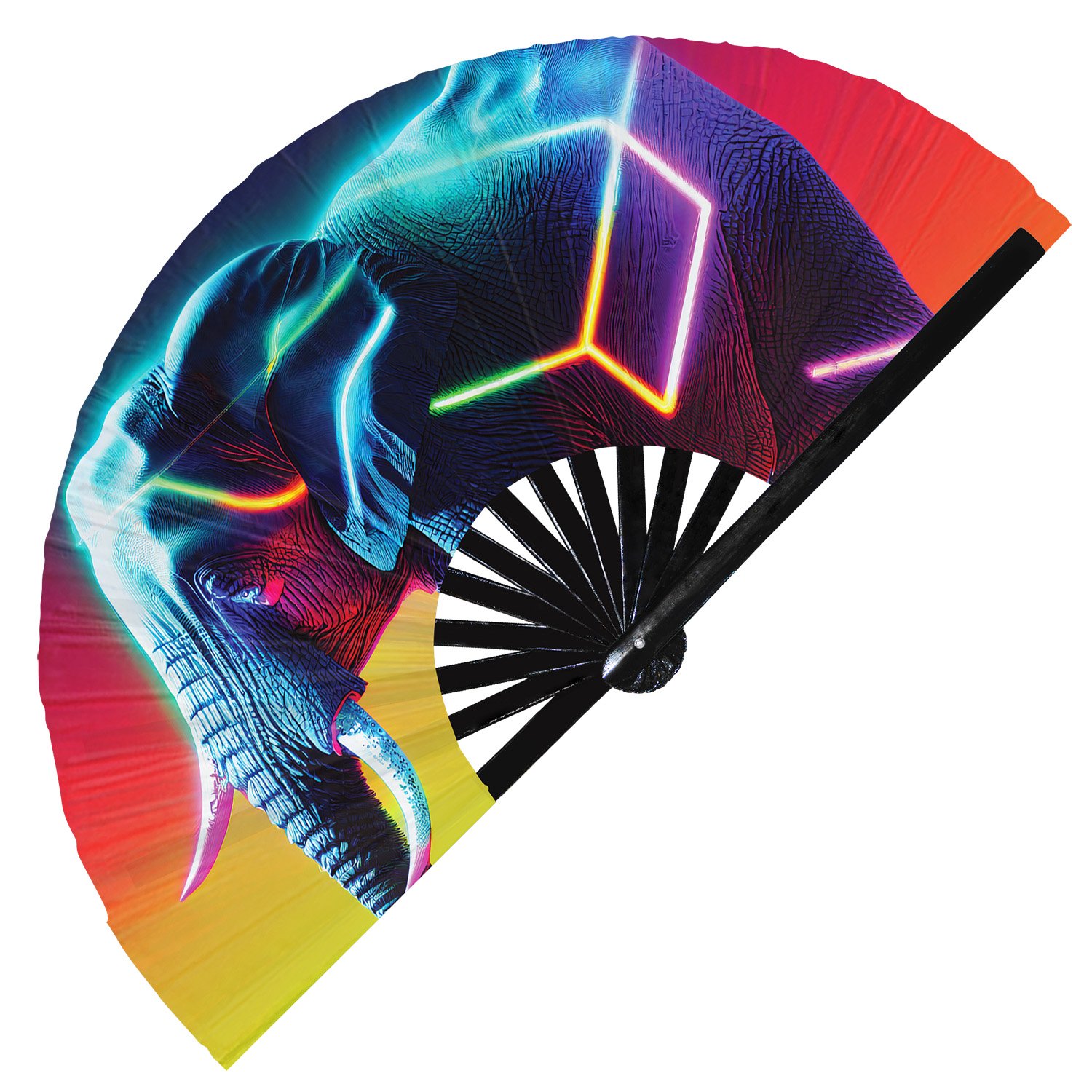 Neon Trippy Elephant Psychedelic Rainbow - Clack Folding Rave & Festival Hand Fan - Image 9