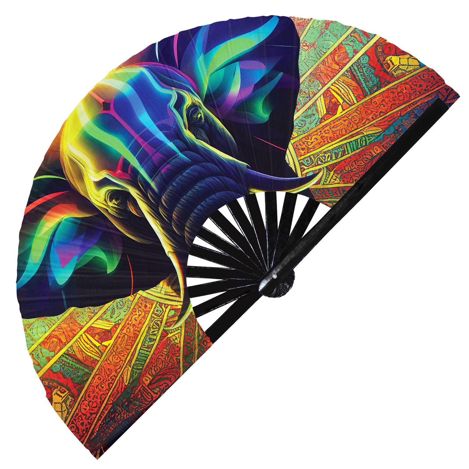 Neon Trippy Elephant Psychedelic Rainbow - Clack Folding Rave & Festival Hand Fan - Image 10