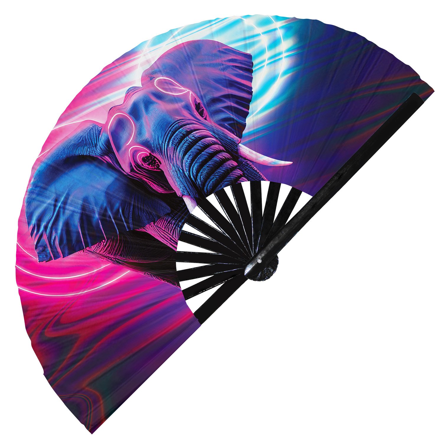 Neon Trippy Elephant Psychedelic Rainbow - Clack Folding Rave & Festival Hand Fan - Image 11