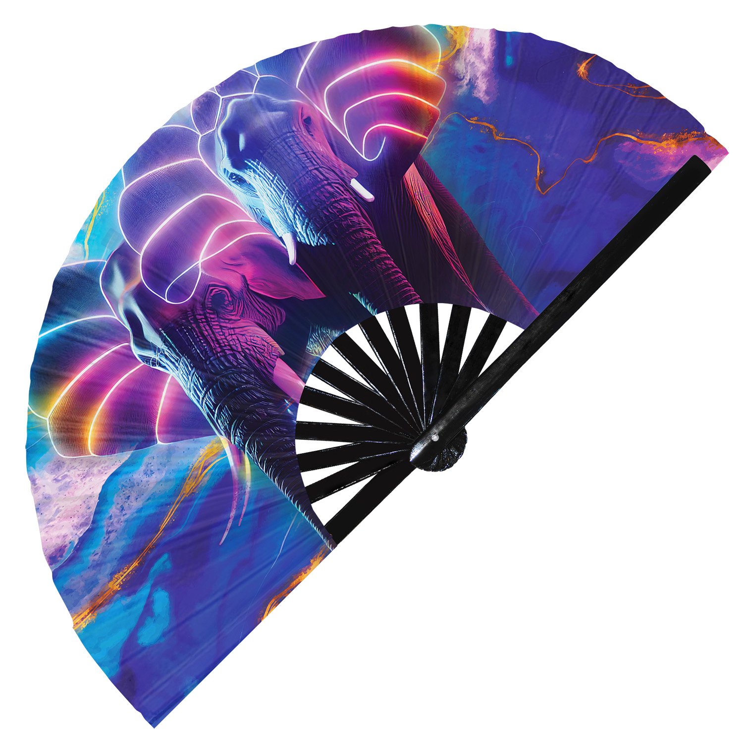 Neon Trippy Elephant Psychedelic Rainbow - Clack Folding Rave & Festival Hand Fan - Image 2