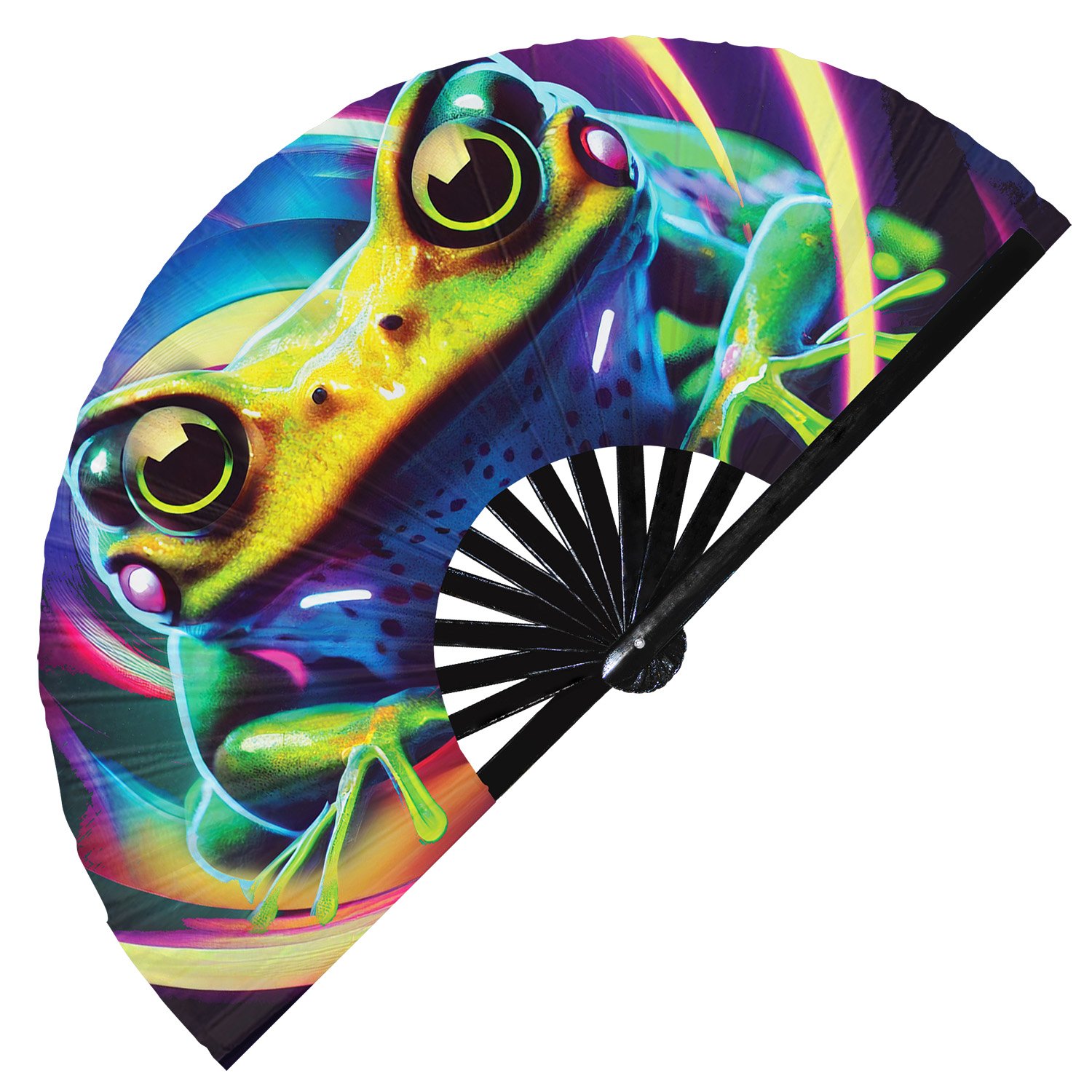 Neon Trippy Frog Psychedelic Rainbow Toad - Clack Folding Rave & Festival Hand Fan - Image 4