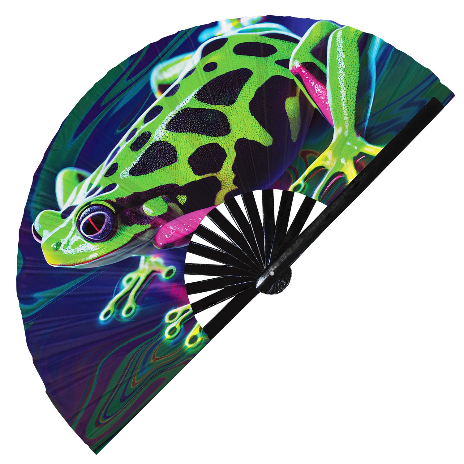 Neon Trippy Frog Psychedelic Rainbow Toad - Clack Folding Rave & Festival Hand Fan - Image 3
