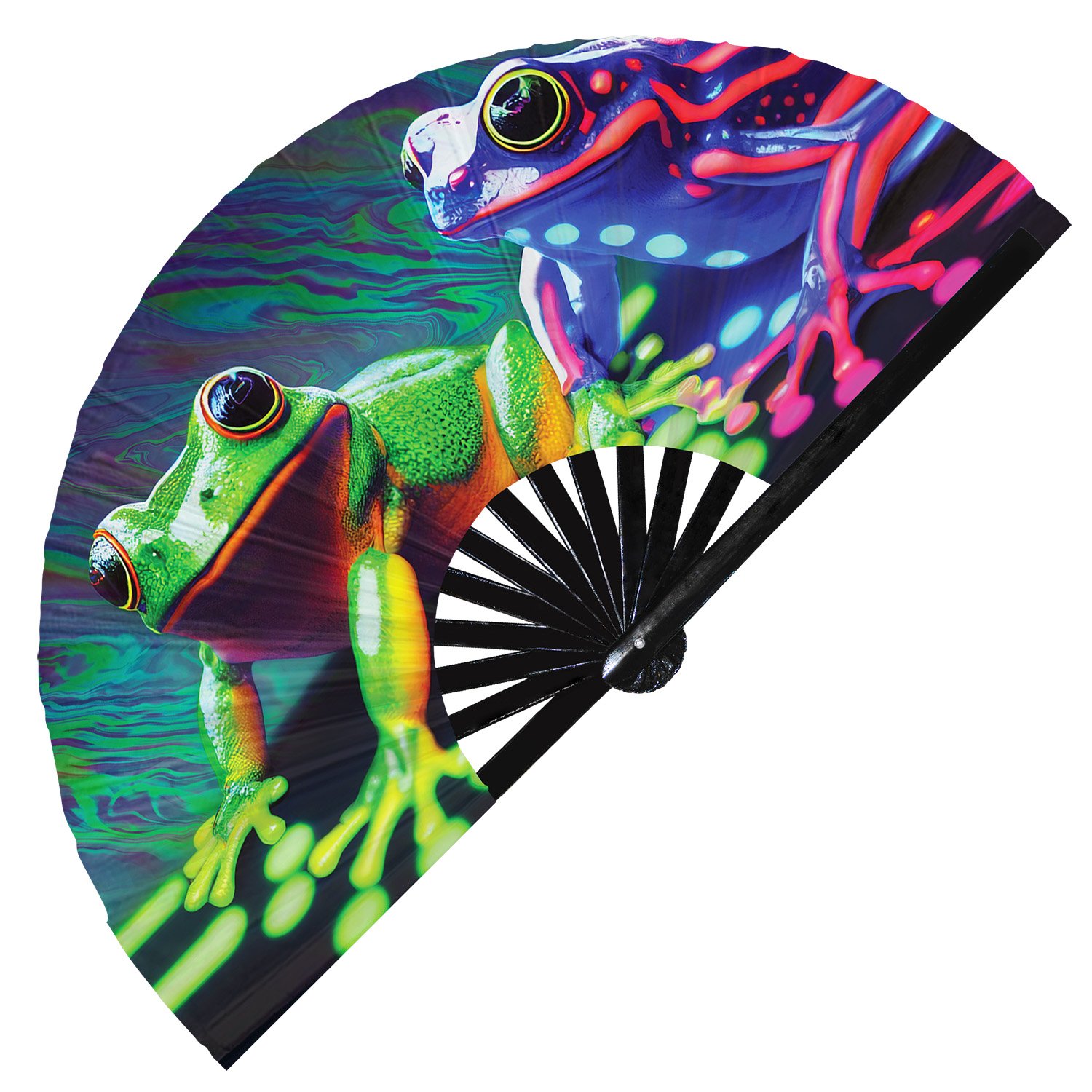 Neon Trippy Frog Psychedelic Rainbow Toad - Clack Folding Rave & Festival Hand Fan
