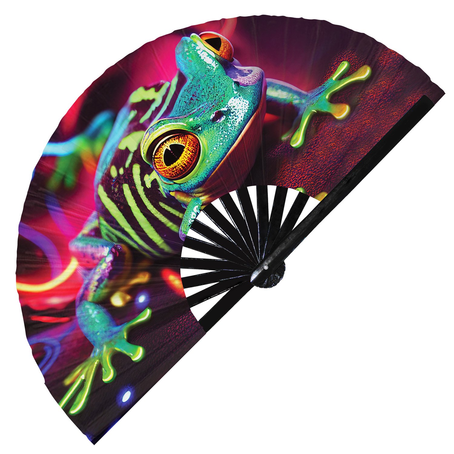 Neon Trippy Frog Psychedelic Rainbow Toad - Clack Folding Rave & Festival Hand Fan - Image 7