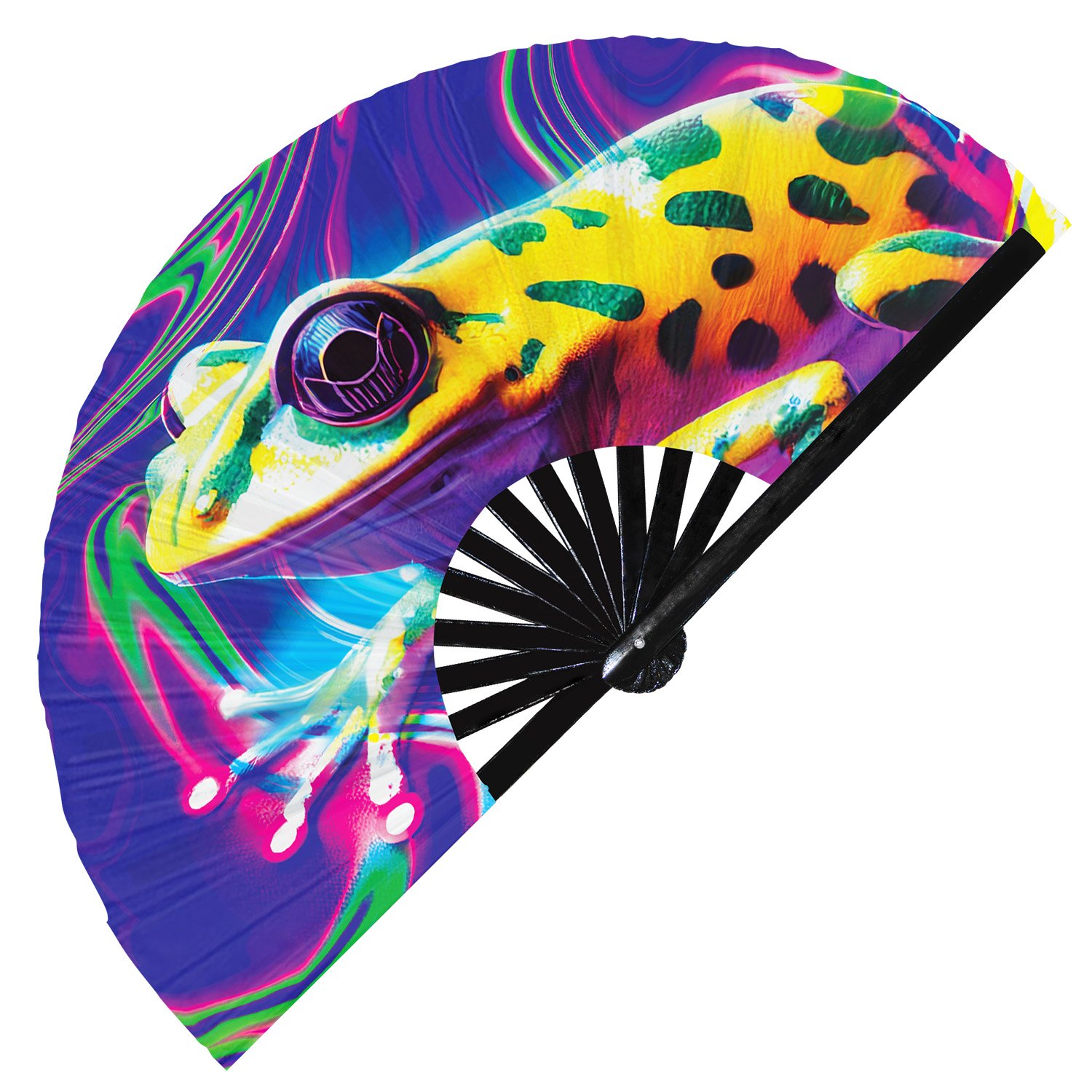 Neon Trippy Frog Psychedelic Rainbow Toad - Clack Folding Rave & Festival Hand Fan - Image 8