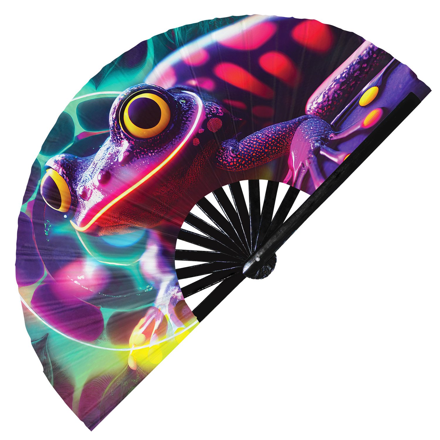 Neon Trippy Frog Psychedelic Rainbow Toad - Clack Folding Rave & Festival Hand Fan - Image 9