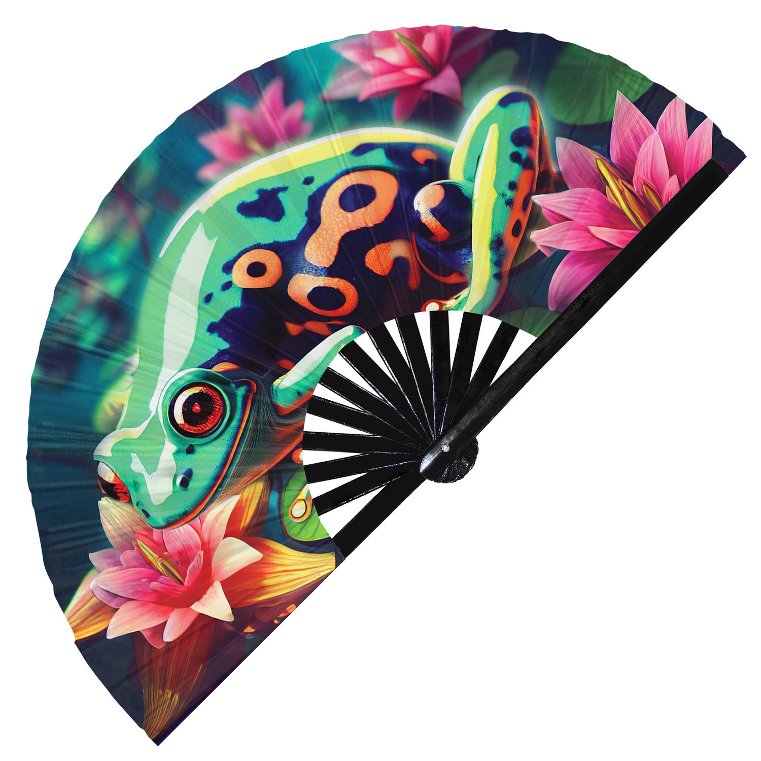 Neon Trippy Frog Psychedelic Rainbow Toad - Clack Folding Rave & Festival Hand Fan - Image 10