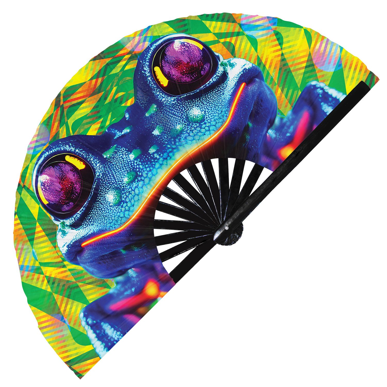 Neon Trippy Frog Psychedelic Rainbow Toad - Clack Folding Rave & Festival Hand Fan - Image 2