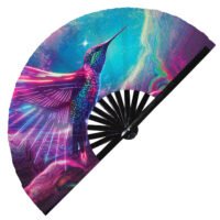 Neon Trippy Hummingbird Psychedelic Rainbow - Clack Folding Rave & Festival Hand Fan