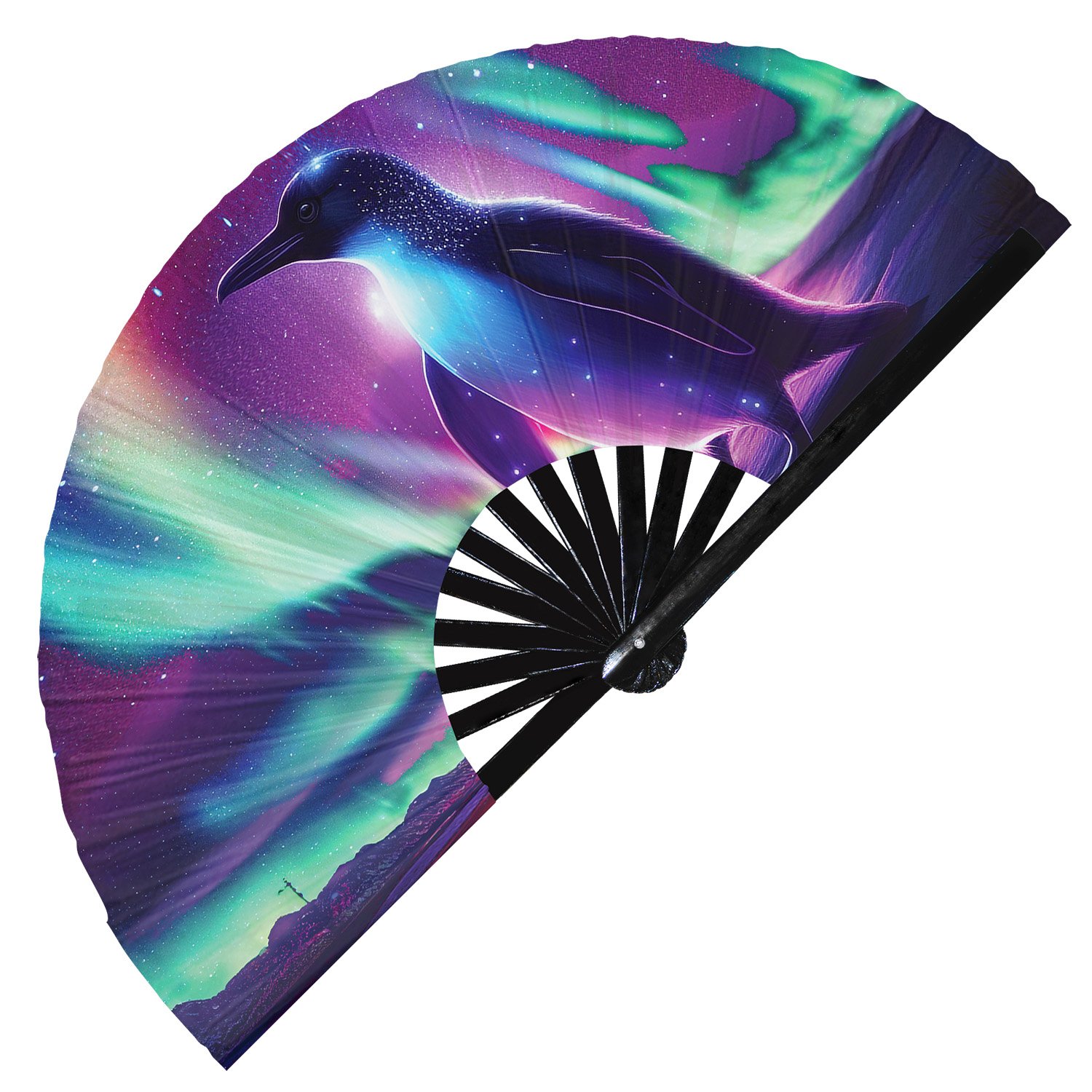 Neon Trippy Penguin Psychedelic Rainbow - Clack Folding Rave & Festival Hand Fan - Image 5