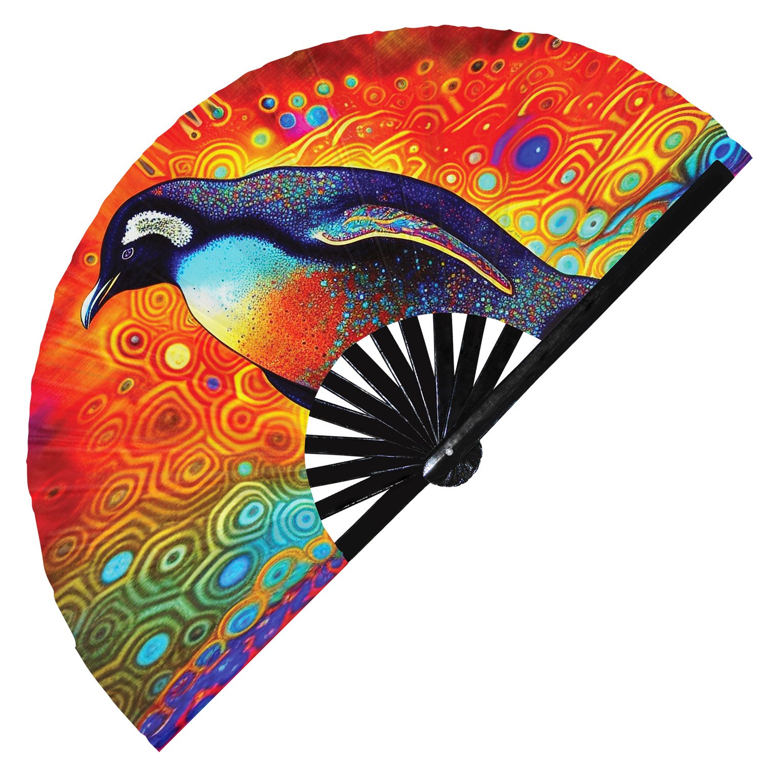 Neon Trippy Penguin Psychedelic Rainbow - Clack Folding Rave & Festival Hand Fan - Image 4