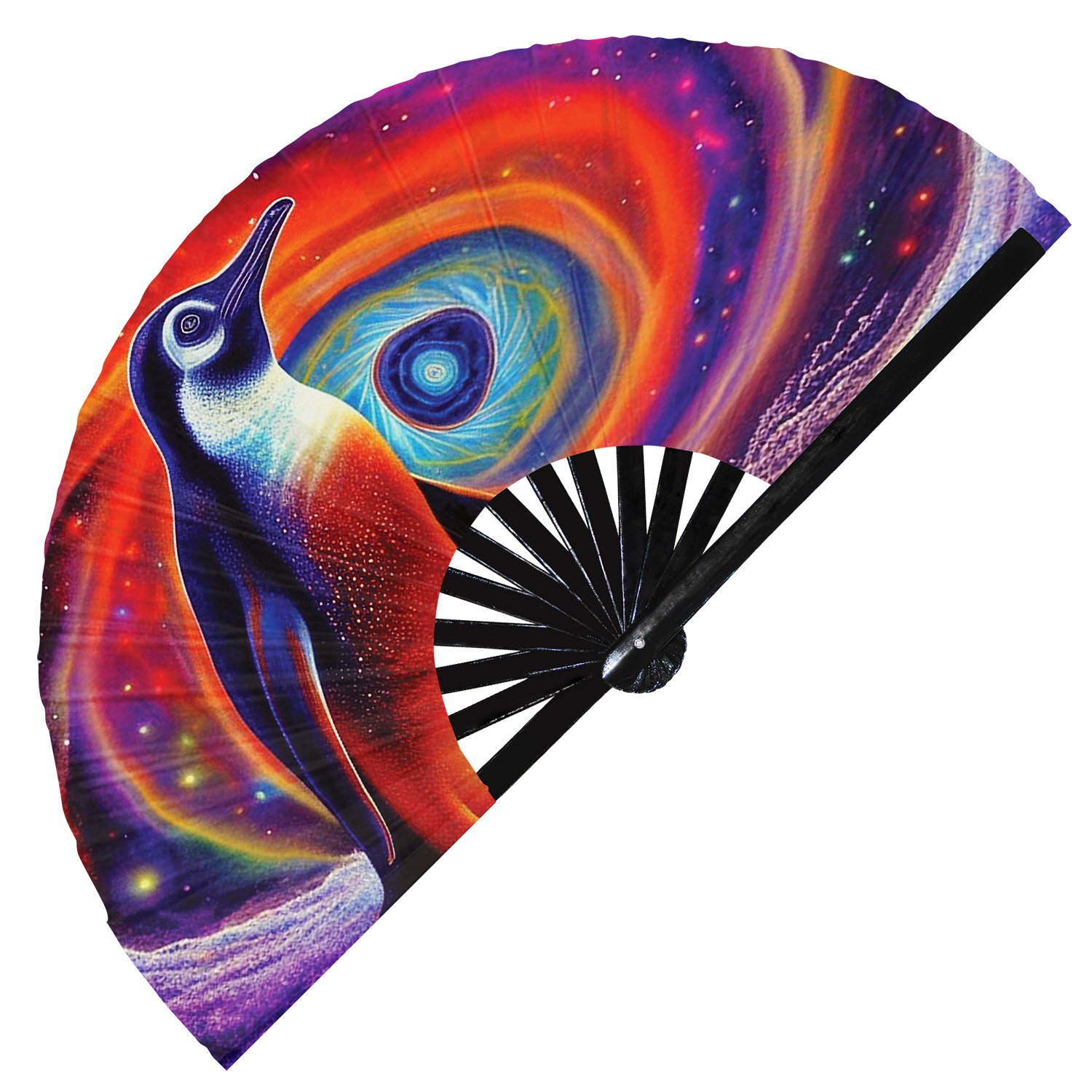 Neon Trippy Penguin Psychedelic Rainbow - Clack Folding Rave & Festival Hand Fan - Image 8