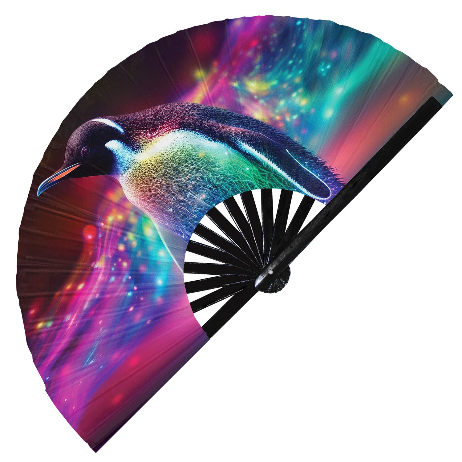 Neon Trippy Penguin Psychedelic Rainbow - Clack Folding Rave & Festival Hand Fan - Image 9