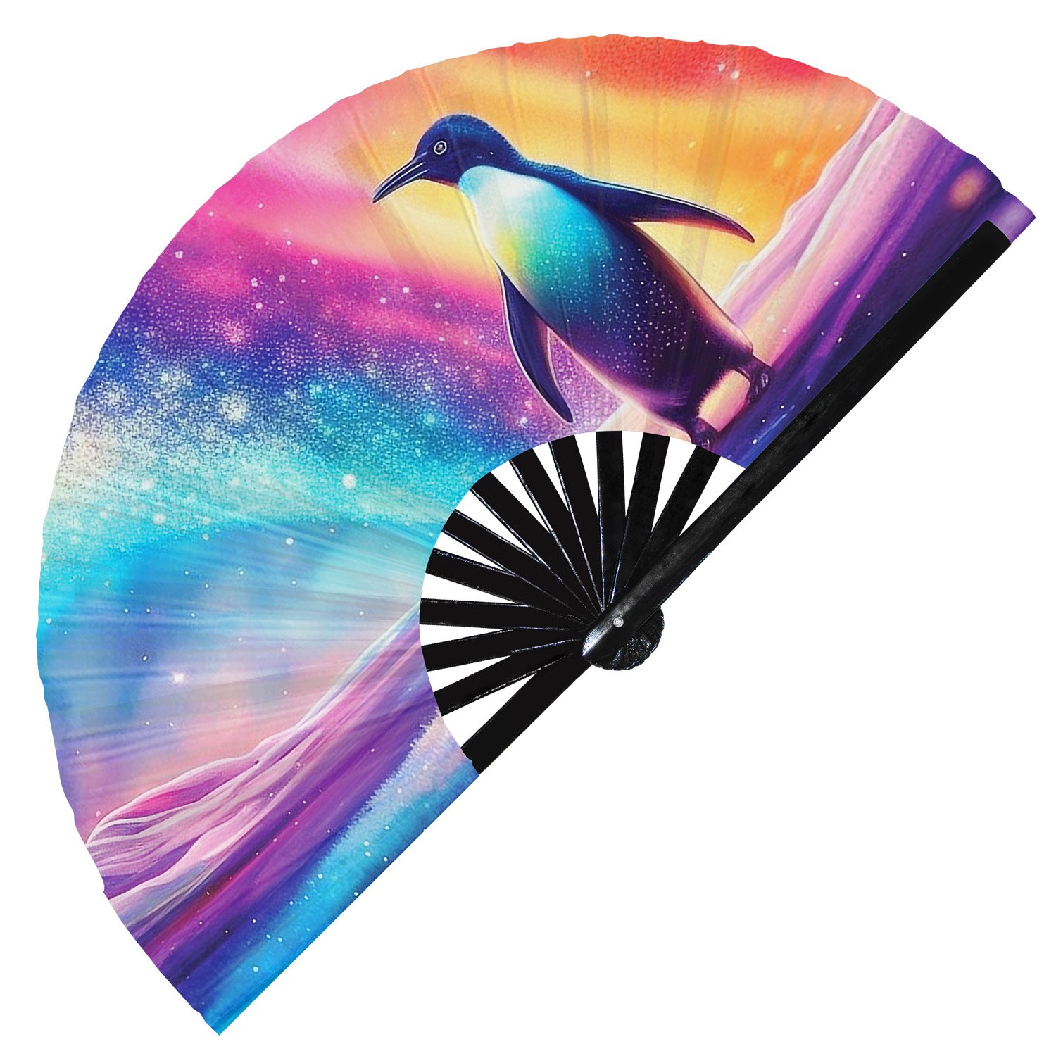 Neon Trippy Penguin Psychedelic Rainbow - Clack Folding Rave & Festival Hand Fan - Image 10