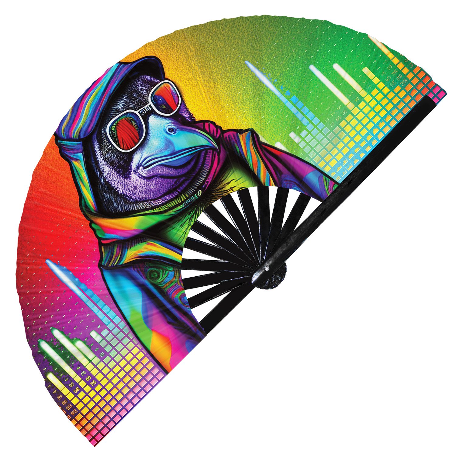 Neon Trippy Penguin Psychedelic Rainbow - Clack Folding Rave & Festival Hand Fan - Image 11