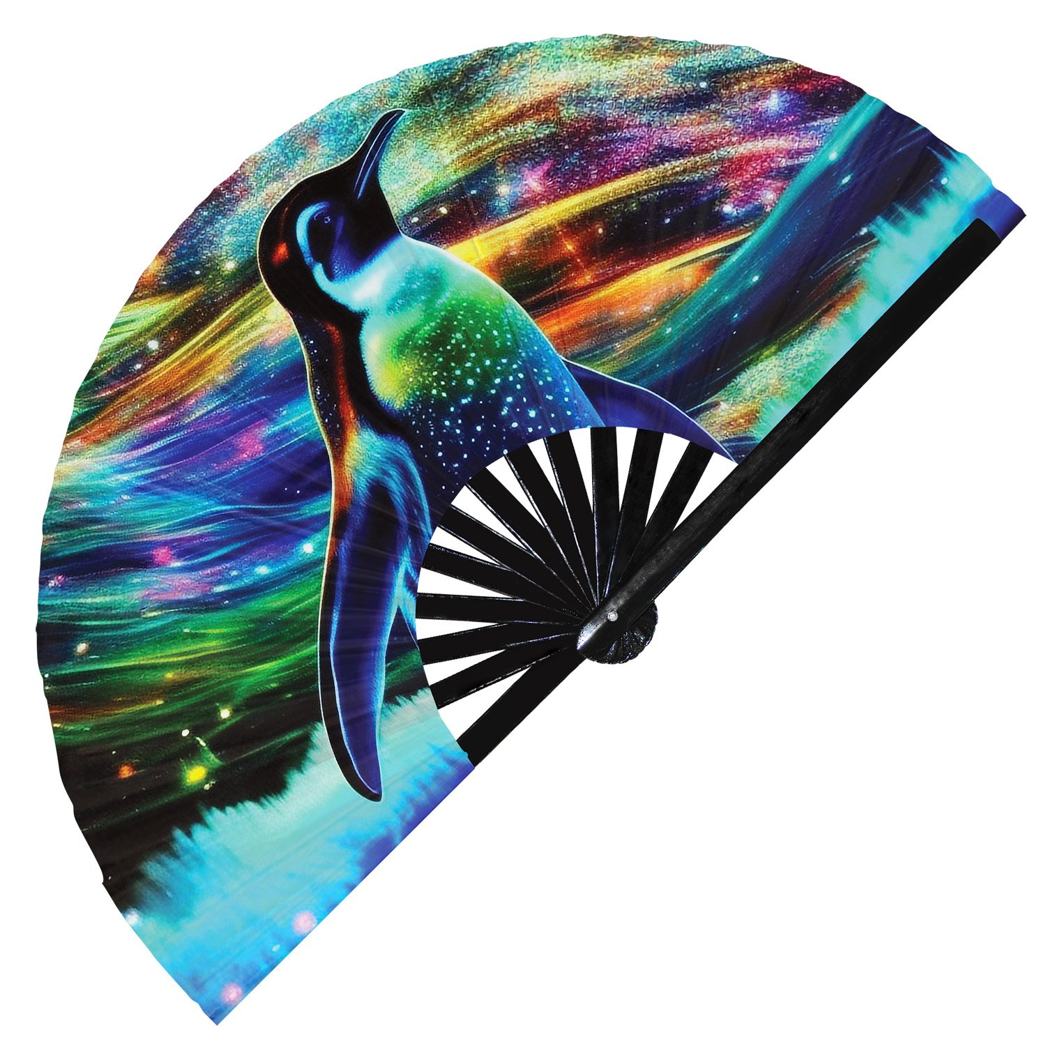 Neon Trippy Penguin Psychedelic Rainbow - Clack Folding Rave & Festival Hand Fan - Image 2