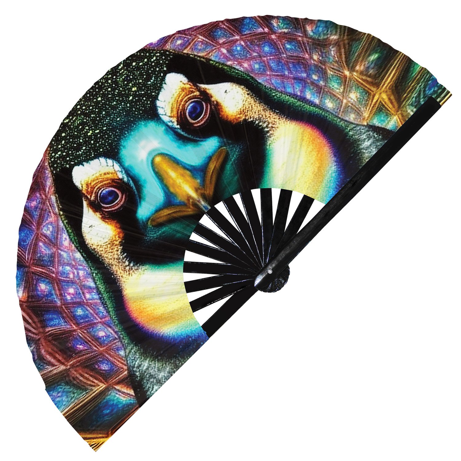 Neon Trippy Penguin Psychedelic Rainbow - Clack Folding Rave & Festival Hand Fan - Image 3