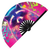Neon Trippy Racoon Psychedelic Rainbow - Clack Folding Rave & Festival Hand Fan
