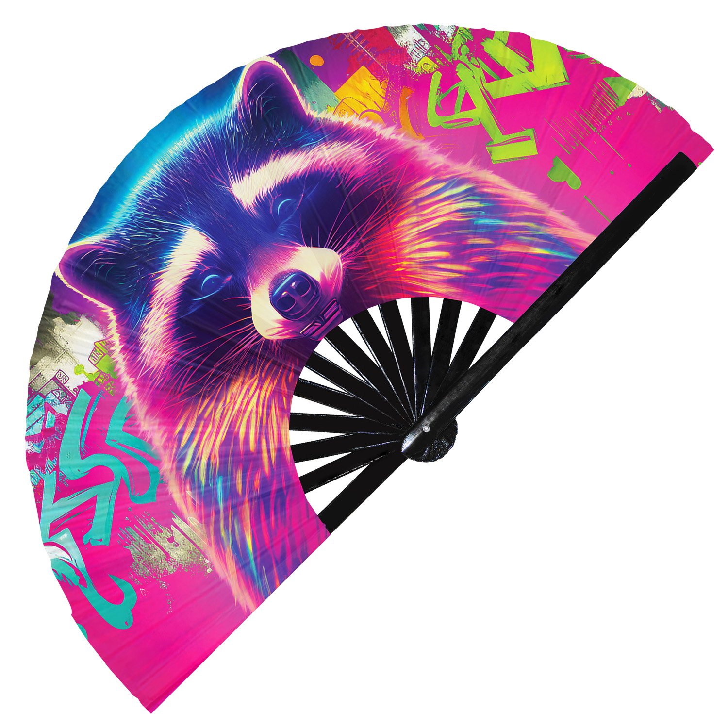 Neon Trippy Racoon Psychedelic Rainbow - Clack Folding Rave & Festival Hand Fan