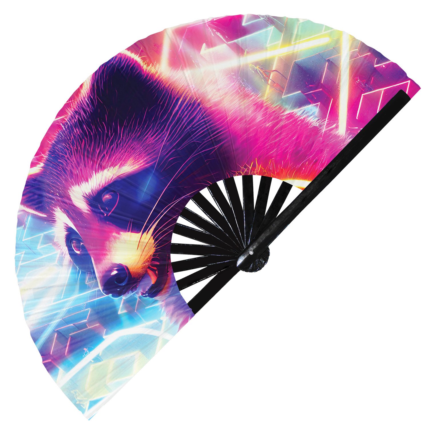 Neon Trippy Racoon Psychedelic Rainbow - Clack Folding Rave & Festival Hand Fan - Image 3