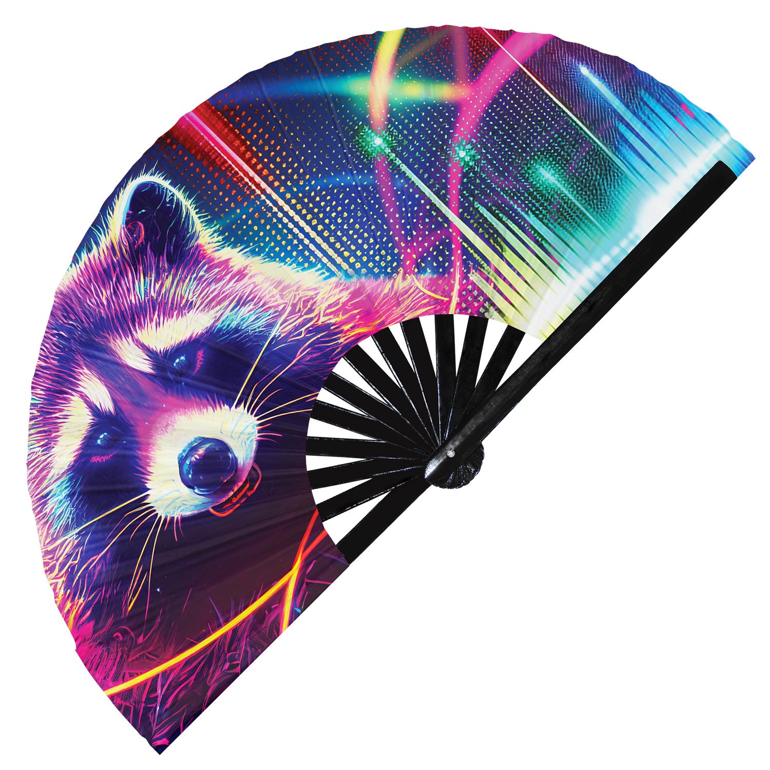 Neon Trippy Racoon Psychedelic Rainbow - Clack Folding Rave & Festival Hand Fan - Image 5
