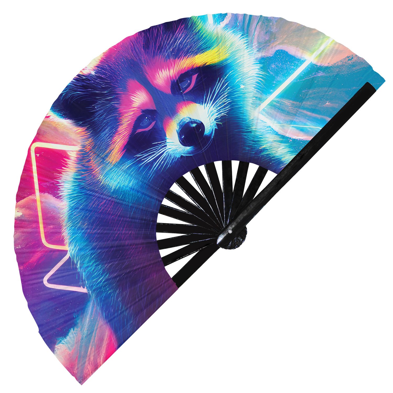 Neon Trippy Racoon Psychedelic Rainbow - Clack Folding Rave & Festival Hand Fan - Image 6
