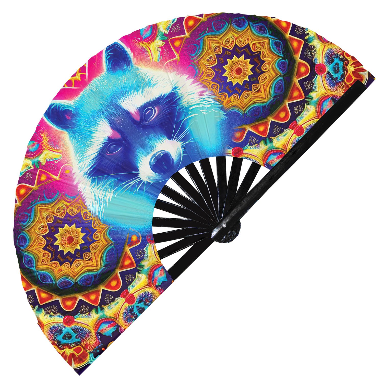 Neon Trippy Racoon Psychedelic Rainbow - Clack Folding Rave & Festival Hand Fan - Image 7