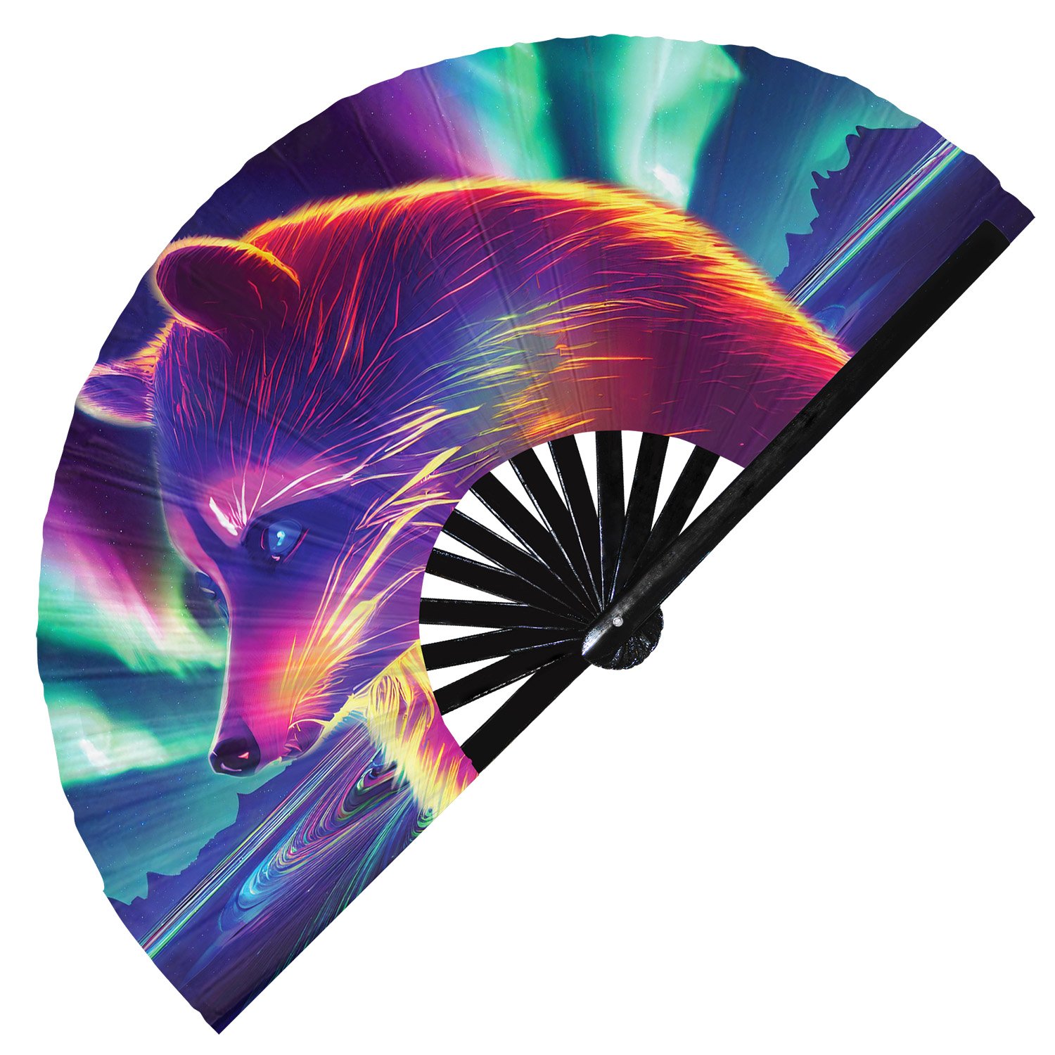 Neon Trippy Racoon Psychedelic Rainbow - Clack Folding Rave & Festival Hand Fan - Image 8