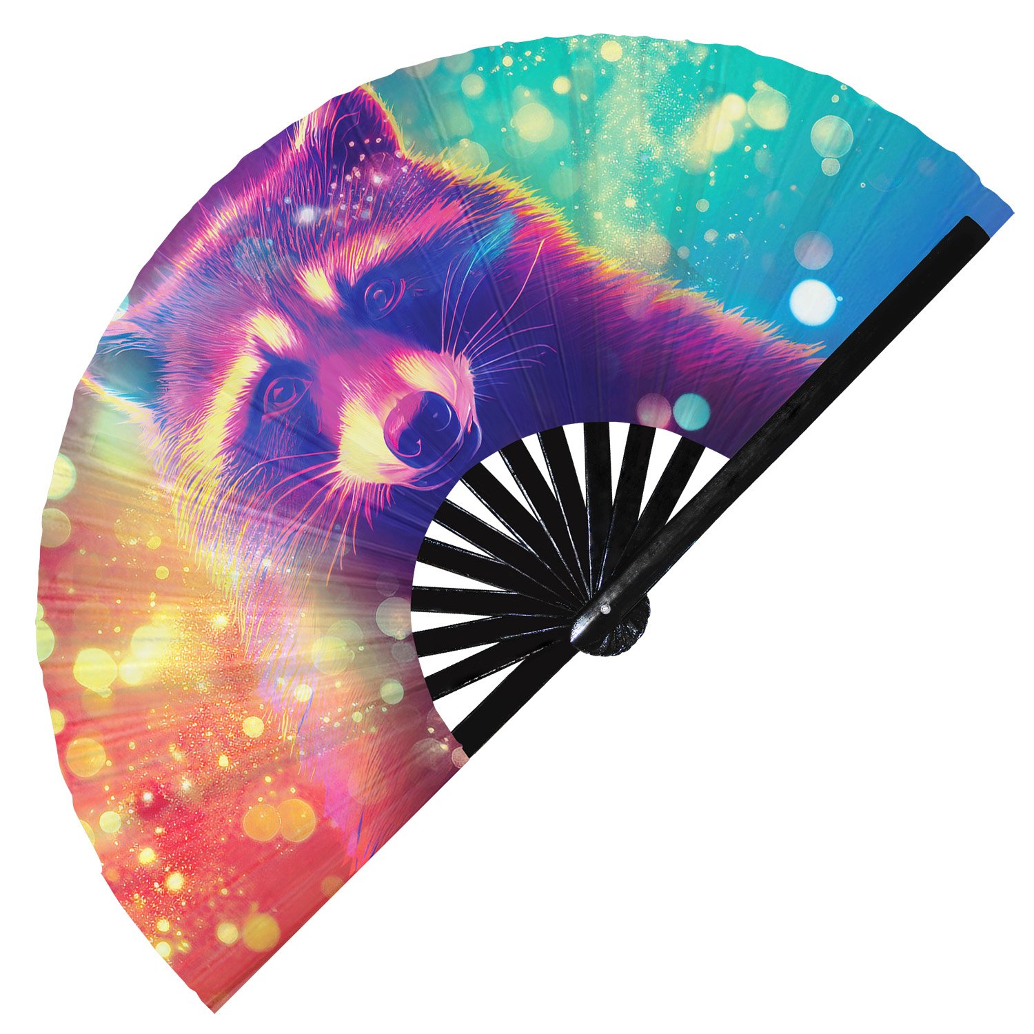 Neon Trippy Racoon Psychedelic Rainbow - Clack Folding Rave & Festival Hand Fan - Image 10
