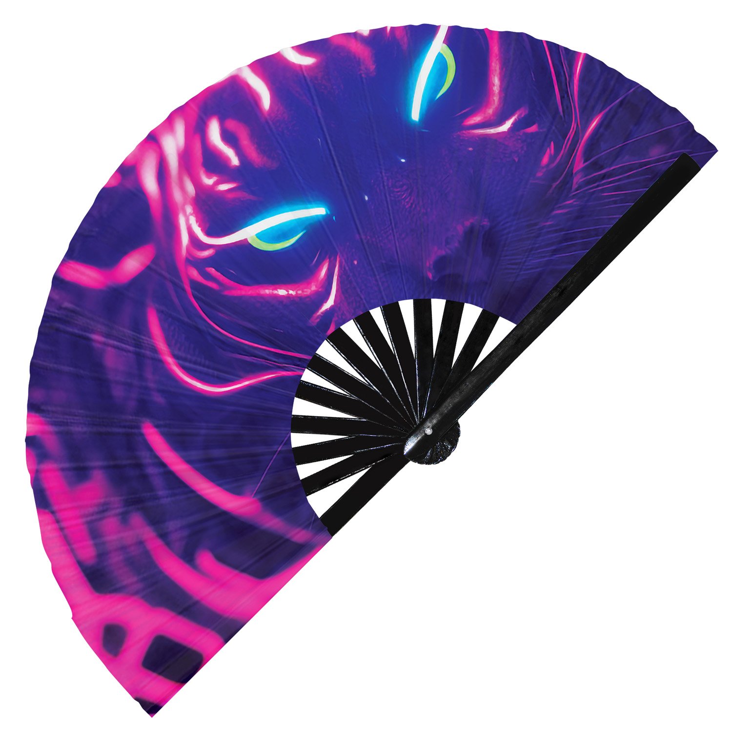 Neon Trippy Cat Psychedelic Rainbow Kitty - Clack Folding Rave & Festival Hand Fan - Image 2