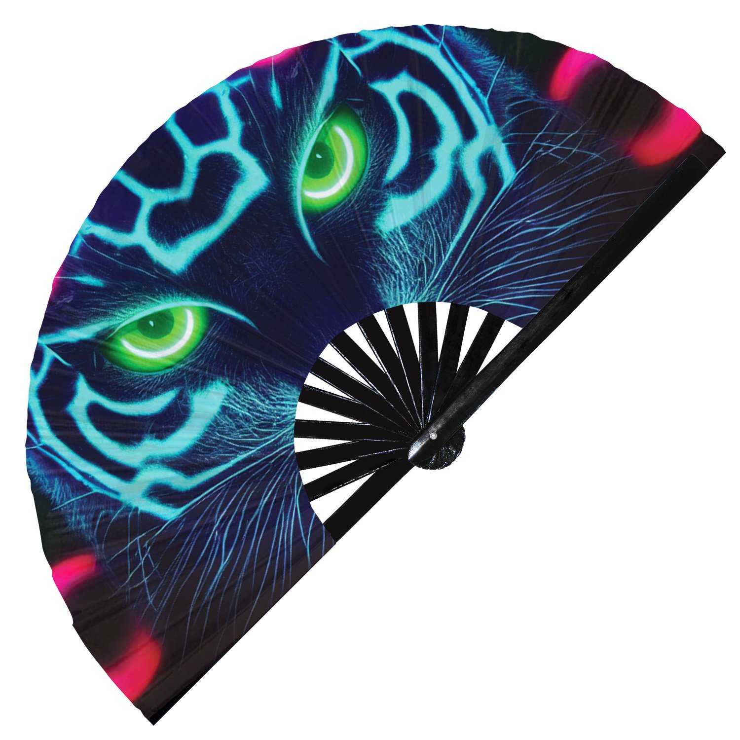 Neon Trippy Cat Psychedelic Rainbow Kitty - Clack Folding Rave & Festival Hand Fan