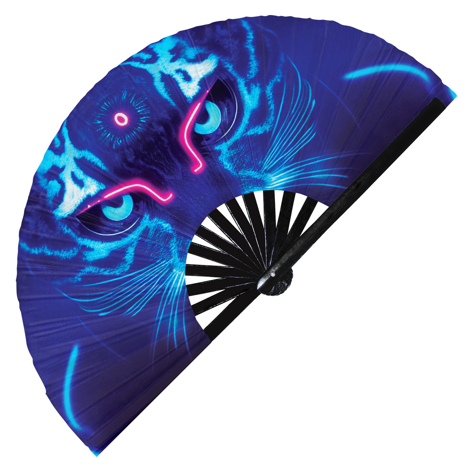 Neon Trippy Cat Psychedelic Rainbow Kitty - Clack Folding Rave & Festival Hand Fan - Image 3