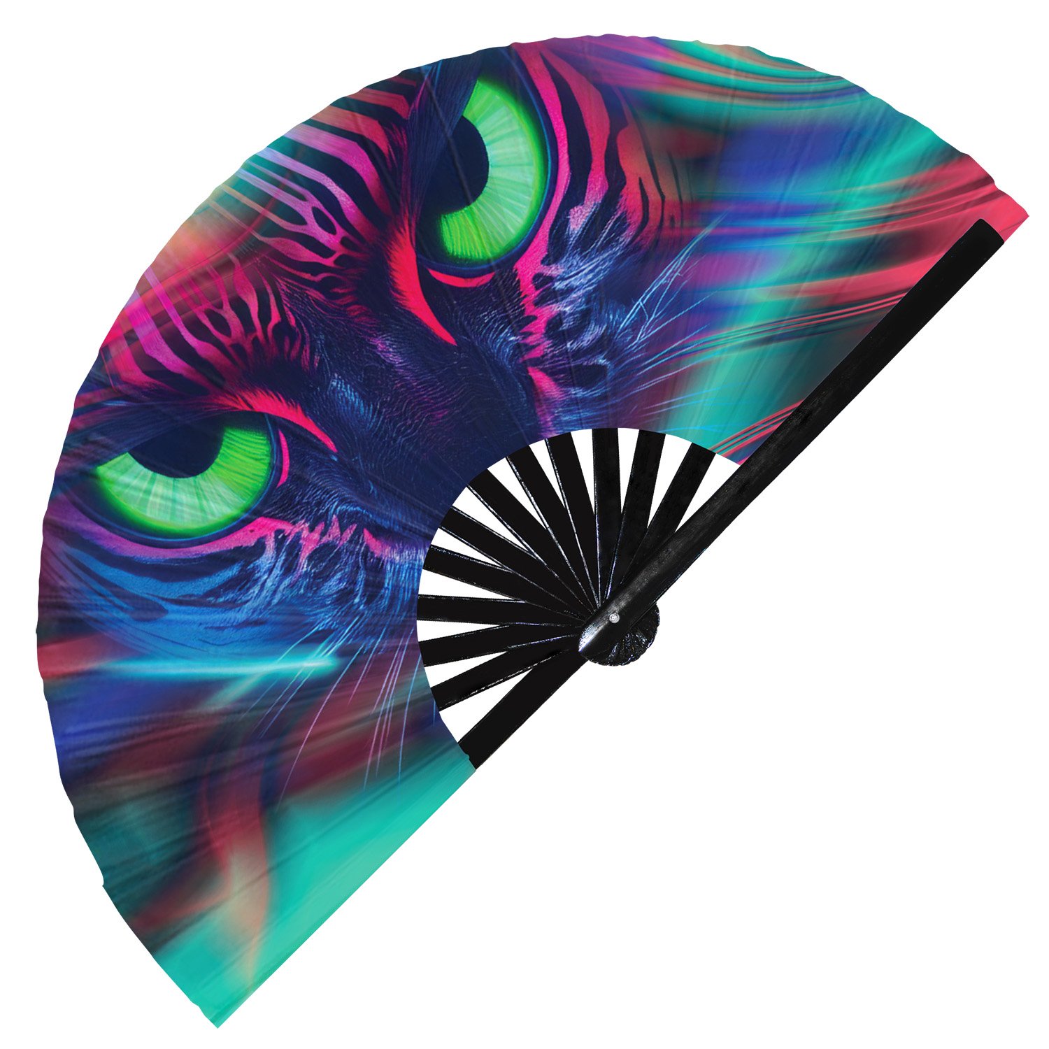 Neon Trippy Cat Psychedelic Rainbow Kitty - Clack Folding Rave & Festival Hand Fan - Image 4