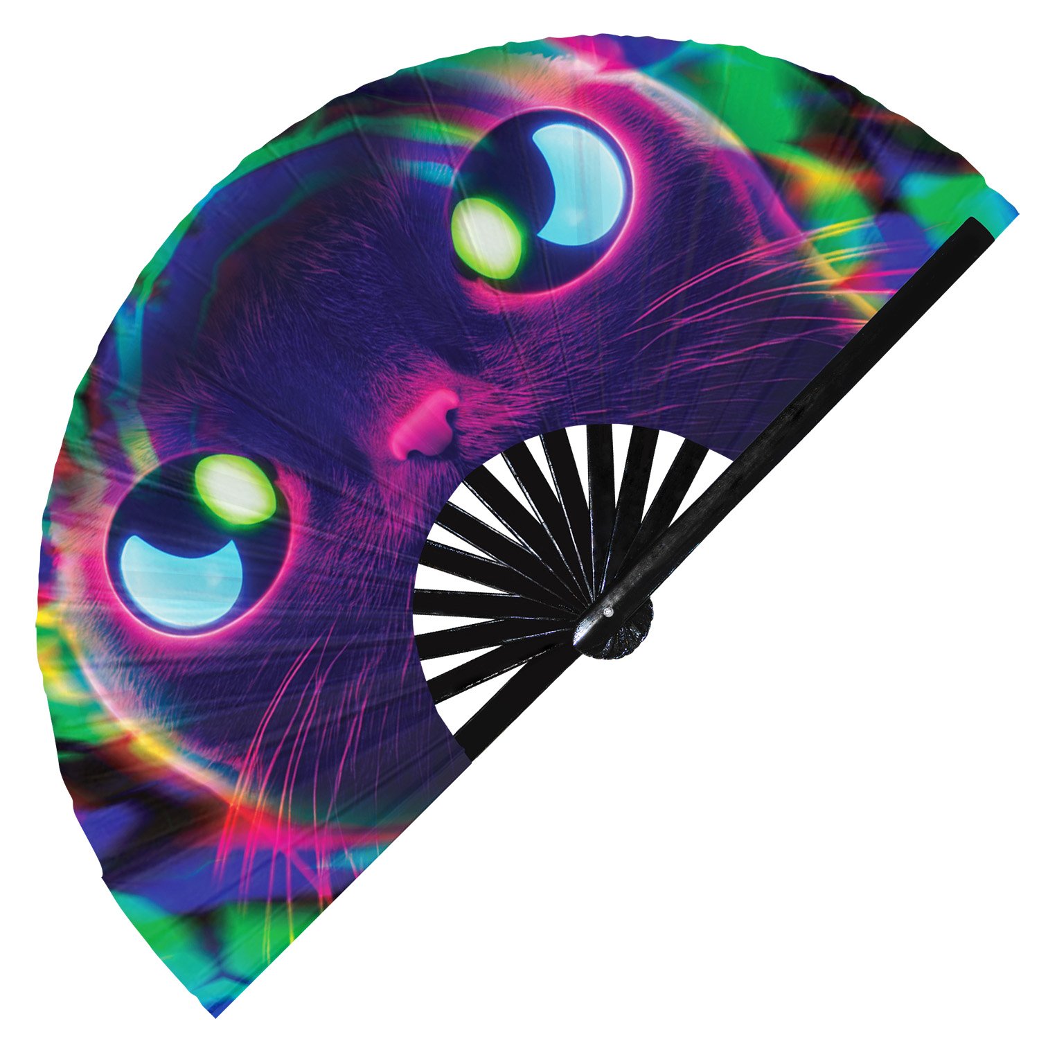 Neon Trippy Cat Psychedelic Rainbow Kitty - Clack Folding Rave & Festival Hand Fan - Image 5