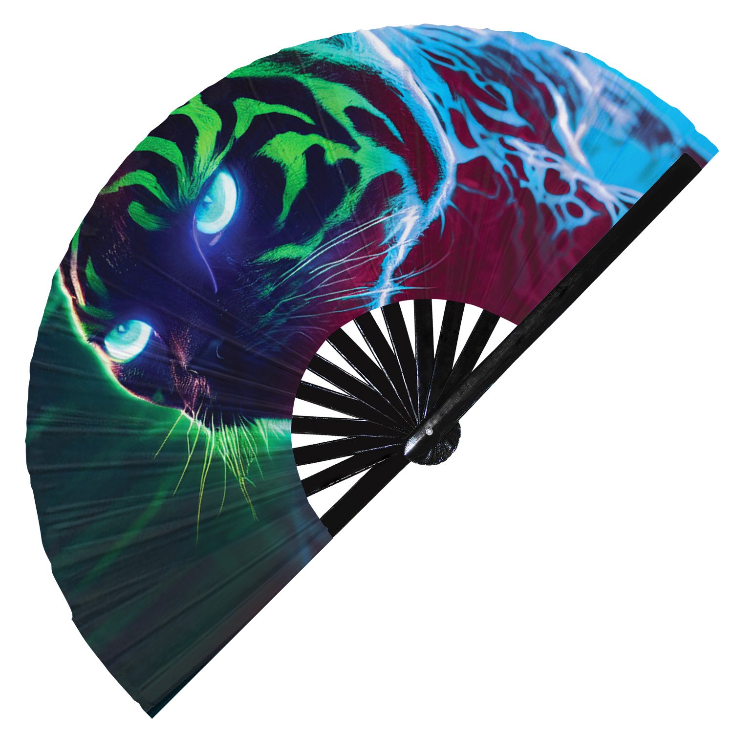 Neon Trippy Cat Psychedelic Rainbow Kitty - Clack Folding Rave & Festival Hand Fan - Image 6